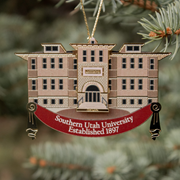 Southern Utah University's Old Main as a Gold Christmas Ornament.