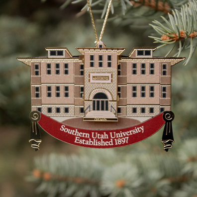 Southern Utah University's Old Main as a Gold Christmas Ornament.